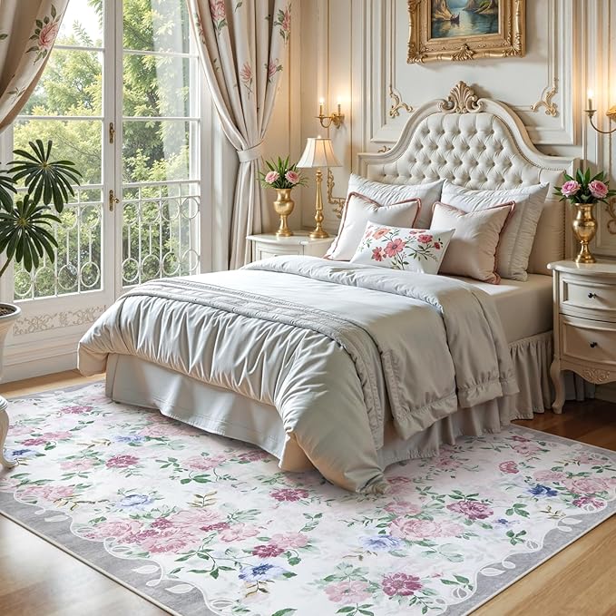 Lahome Vintage Floral 8x10 Rugs for Living Room,Large Boho Washable Rugs,Low Pile Bedroom Rug 8x10 Under Bed Carpet for Nursery Playroom Dining Room (Purple/Grey)