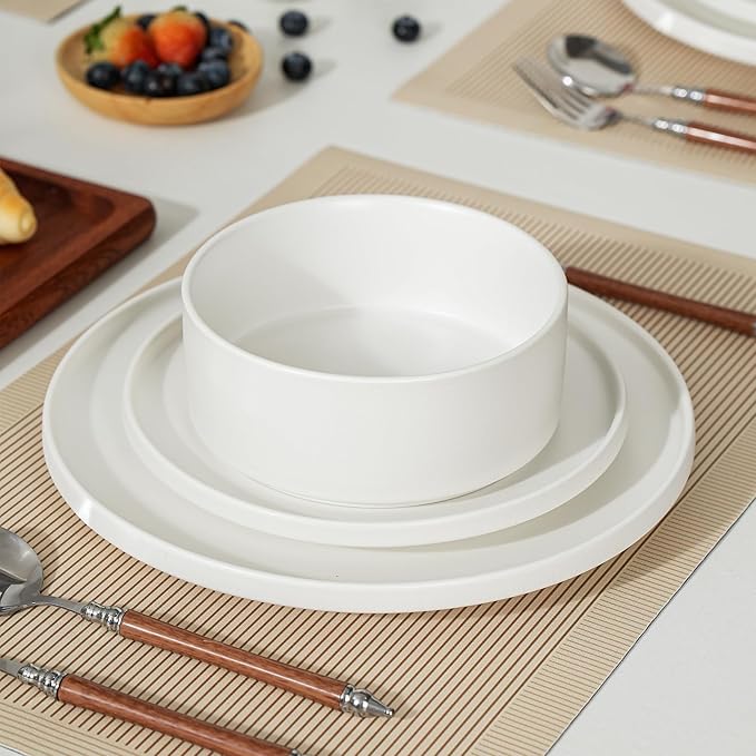 Stoneware Dinner Plates Set of 4, 10.25 Inch Plates for Steak, Pasta, Ceramic Plates Sets, Microwave Safe, Dishwasher Safe, Versatile for All Seasons, Matte White