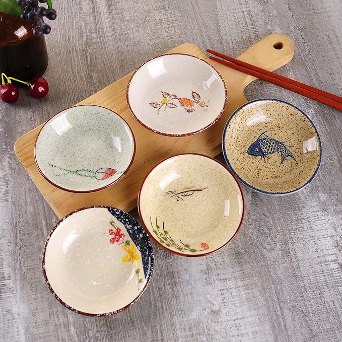 WHJY Japanese Retro Porcelain Side Dish Ceramic Side Dishes Bowl Seasoning Dishes Soy Dipping Sauce Dishes - Set of 5
