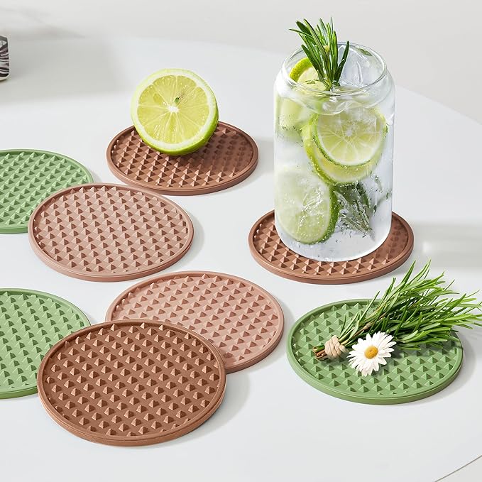Coasters for Drinks, Silicone Coasters Set of 6 with Metal Holder, Outdoor Coaster for Coffee Table, Non-Slip Rubber Table Cup Mat Desk, Heat Resistant & Scratch-Proof (Tawny)