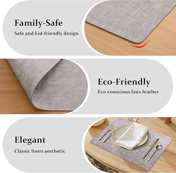 FROMHEART Faux Leather Placemats Set of 8–Waterproof,Heat/Oil Stain-Resistant PU Table Mat–Reversible,Non-Slip,Easy to Clean Place Mats for Kitchen,Dining,Indoor/Outdoor,(Light Grey,11.8" x 17")