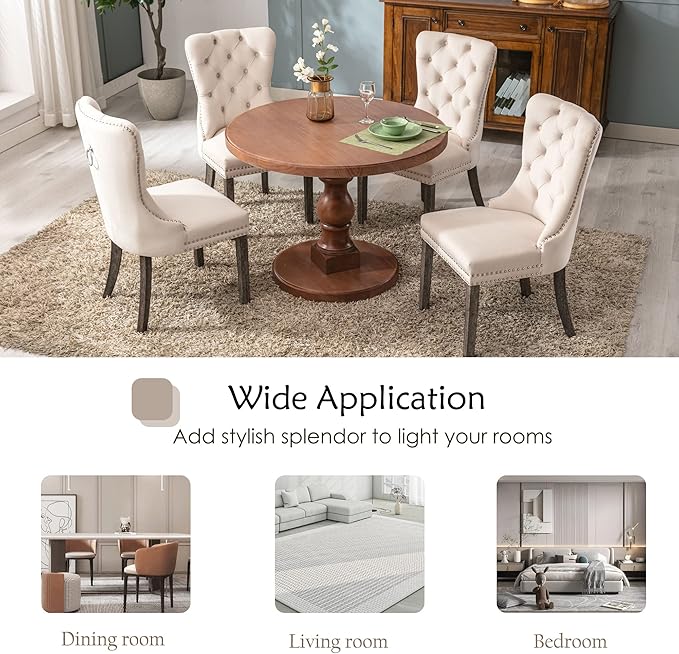 KCC Velvet Dining Chairs Set of 6, Upholstered High-end Tufted Dining Room Chair with Nailhead Back Ring Pull Trim Solid Wood Legs, Nikki Collection Modern Style for Kitchen, Beige