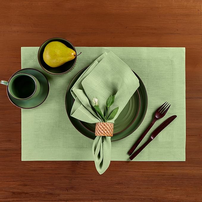 Solino Home Linen Placemats Set of 4 - Laurel Green Placemats 14 x 19 Inch - 100% Pure Linen Table Place Mats for Spring, Easter, St Patricks Day - Fete