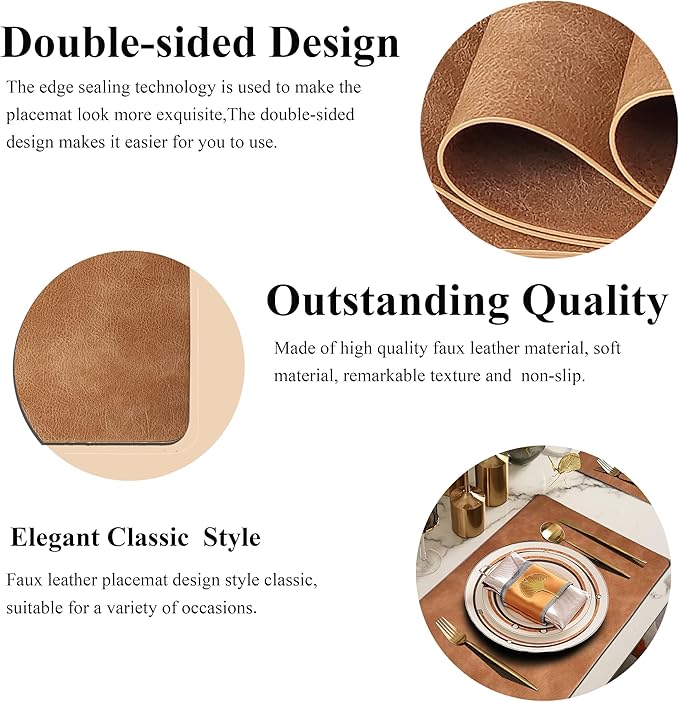 Cowhide Pattern PU Leather Placemats Set of 6 Heat Resistant Kitchen Table Mats, Non-Slip Dining Table Decorations, Double-Sides Waterproof Wipeable Place mats(Camel)