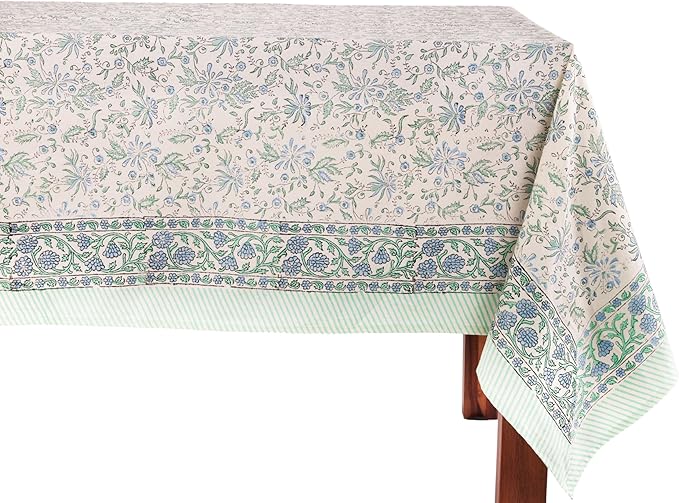 ATOSII Aster Blue 100% Cotton Rectangle Boho Fall Tablecloth, Handblock Floral Table Cloth Linen for Kitchen Dining I Parties Wedding Outdoors Christmas Thanksgiving I 72 X 120 Inches I 10 Seater