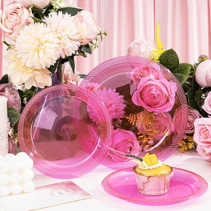 WELLIFE Neon Pink Party Plates 7 Inch -150 Count, Translucent Pink Plastic Disposable Dessert Plates for Fluorescent Neon Theme Party Salad Appetizers Valentine's Day Easter Baby Shower Mother's Day
