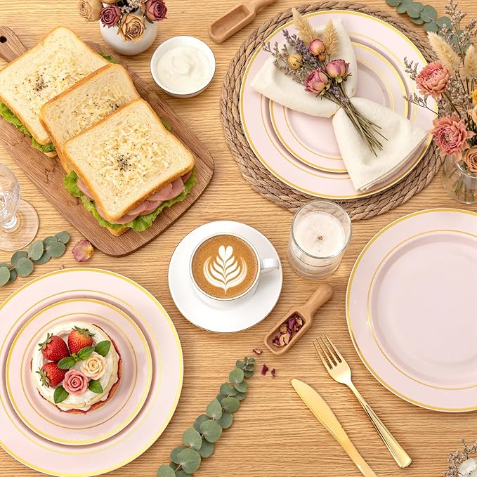 350PCS Pink Disposable Plates - Pink Plastic Plates 50Guests Plastic Dinnerware Sets with Rolled Napkins for Wedding/Birthday/Baby shower/Easter