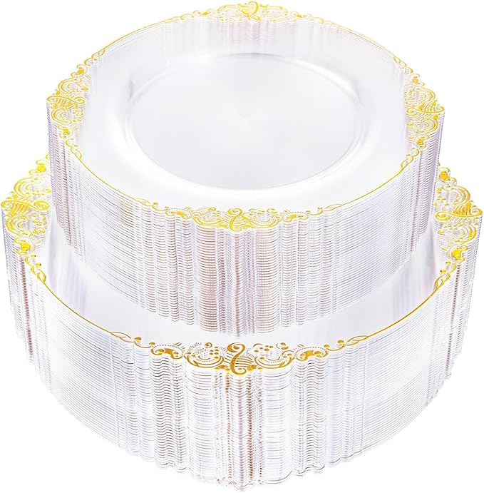 102PCS Clear Gold Plastic Plates - Clear Disposable Plates with Gold Rim - Clear Party Plate Include 51PCS Dessert Plates, 51PCS Dinner Plate for Weddings & Parties