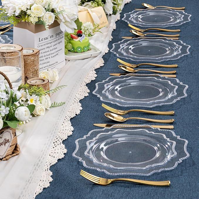 COLOSUS 60pcs Clear Plastic Party Dinner Plates - 9.5 Inch- Heavy Duty Disposable Plastic Dinner Plates for Party Thanksgiving and Everyday Use