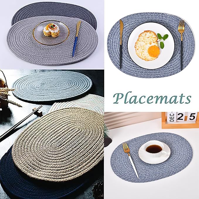 6 Pack Oval Woven Placemats, 12x16 inches Mix Rainbow Oval Plate Charger Cotton Heat Resistant Non-Slip Weave Place Mats Farmhouse Straw Braided Rattan Tablemats Wicker Placemats for Dining