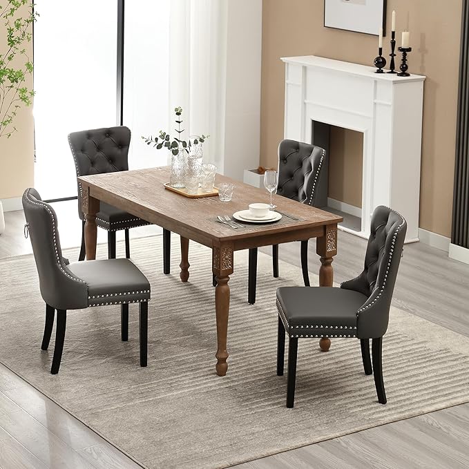 KCC Faux Leather Dining Chairs Set of 4, Upholstered High-end Tufted Dining Room Chair with Nailhead Back Ring Pull Trim Solid Wood Legs, Contemporary Nikki Collection Modern Style for Kitchen, Gray