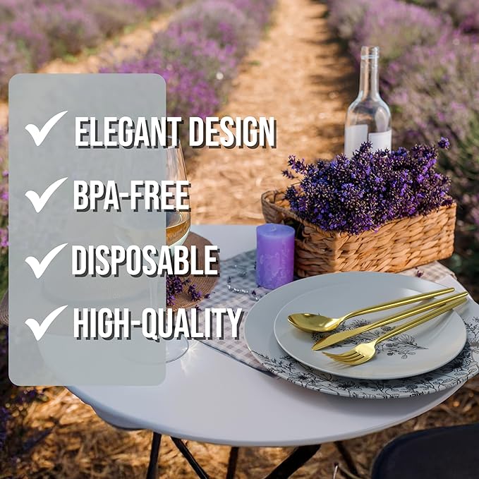 Trendables Fancy Plastic Dinnerware Sets 200 Pc 40 Guests Gold Silverware Disposable 40 X 10 Inch Charger Plates 40 X 8 Inch Dessert Plates 40 x Gold Plastic Forks and Spoons Knives In Dandelion Bloom