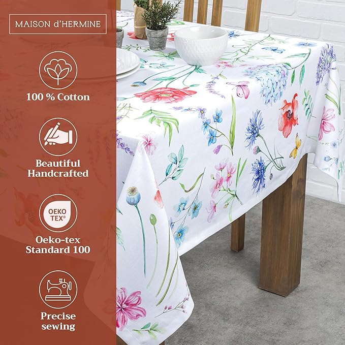 Maison d' Hermine Table Cloth Rectangle Table 100% Cotton 60 x 120 Inches Tablecloth Reusable Decorative for Dining Room Farmhouse Home Valentines Day Decorations Spring Summer - Just Floral