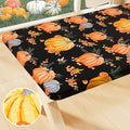 Smiry Plastic Thanksgiving Tablecloth, Pumpkin Waterproof Elastic Fitted Table Covers for 6 Foot Tables, Wipeable Flannel Backed Vinyl Tablecloths for Autumn Harvest, Parties (Black, 30x72 Inches)