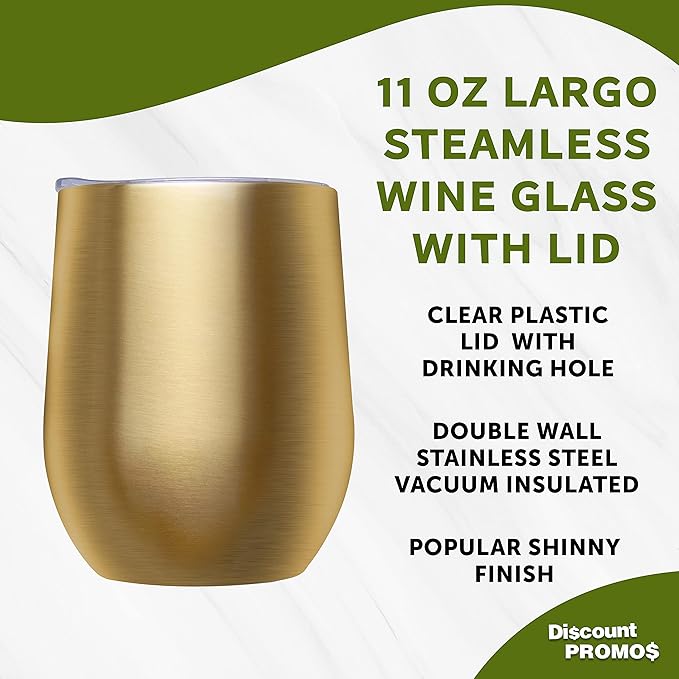 DISCOUNT PROMOS Stemless Wine Glass Tumblers with Lids by Largo 11 oz. Set of 6, Bulk Pack - Perfect for Wine, Cocktails, Other Hot & Cold Beverages - Gold