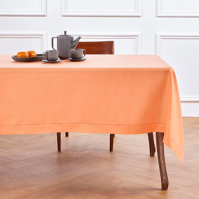 Solino Home Linen Tablecloth for Rectangle Tables 60 x 108 Inch - Classic Hemstitch 100% Pure Linen Coral Table Cloth - Machine Washable Cloth Tablecloth for Valentines, Spring, Easter