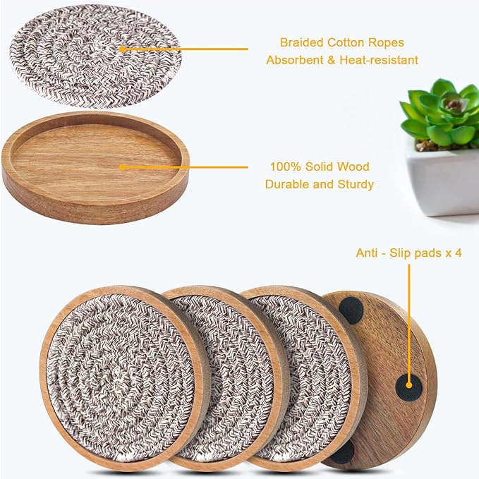 5 Pack Absorbent Coasters for Drinks, 4.3 Inches Cork for Coffee Tables, Wooden Drink Protection, Cute for Kitchen, Farmhouse, and Office (Dark Brown Series)