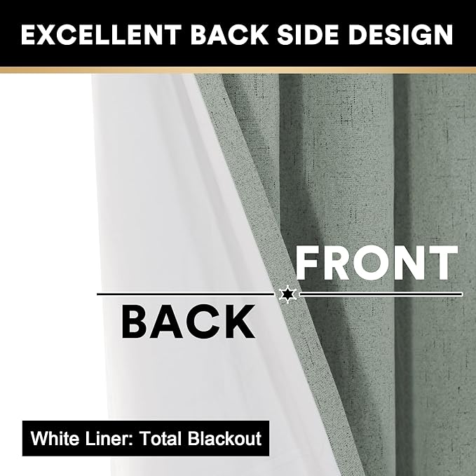 PrinceDeco 100% Blackout Curtains for Bedroom Linen Blackout Curtains 84 Inches Long Anti-Rust Grommet Room Darkening Curtains & Drapes Energy Saving with White Liner, 2 Panels, Green Bay