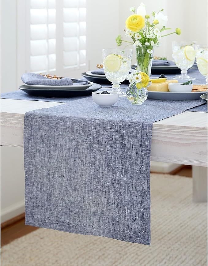 Solino Home Linen Chambray Indigo Table Runner 90 Inches Long - Athena, 100% Pure Linen Dining Table Runner 14 x 90 Inch for Winter, Spring, Easter