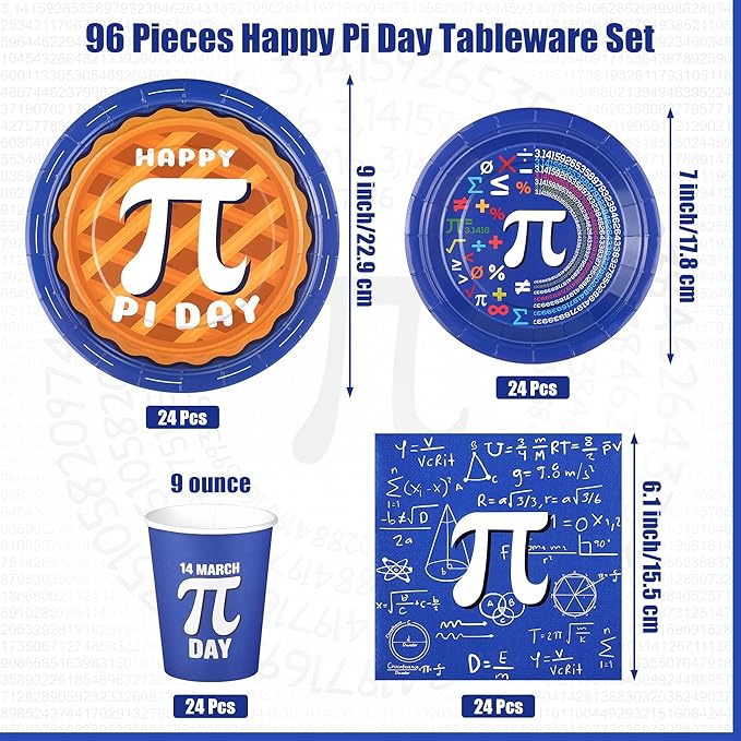 Kochorie 96 Pieces Pi Symbol Pie Plates and Napkins Party Supplies Happy Pi Day Disposable Tableware Set Include 9 Inch/7 Inch Paper Plates Cups Napkins Serve 24 Guest for Math Theme Party Decor
