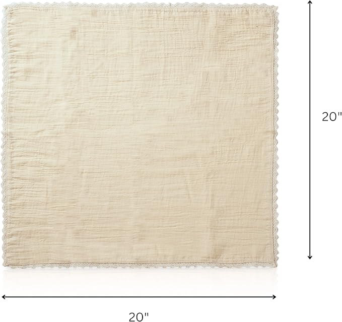 FINGERCRAFT Dinner Cloth Napkin Cotton Muslin Double Gauze 4 Pack with Classic Lace for Everyday Use, Wedding, Party, Christmas, Easter Napkins Cloth are Pre Shrunk and Good Absorbency Beige