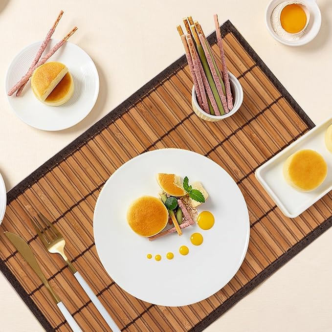 Bamboo Placemats with Fabric Border Set of 4 Natural Bamboo Rectangular Rolling Table Mats for Dining Kitchen Table Heat Resistant Table Protection Brown