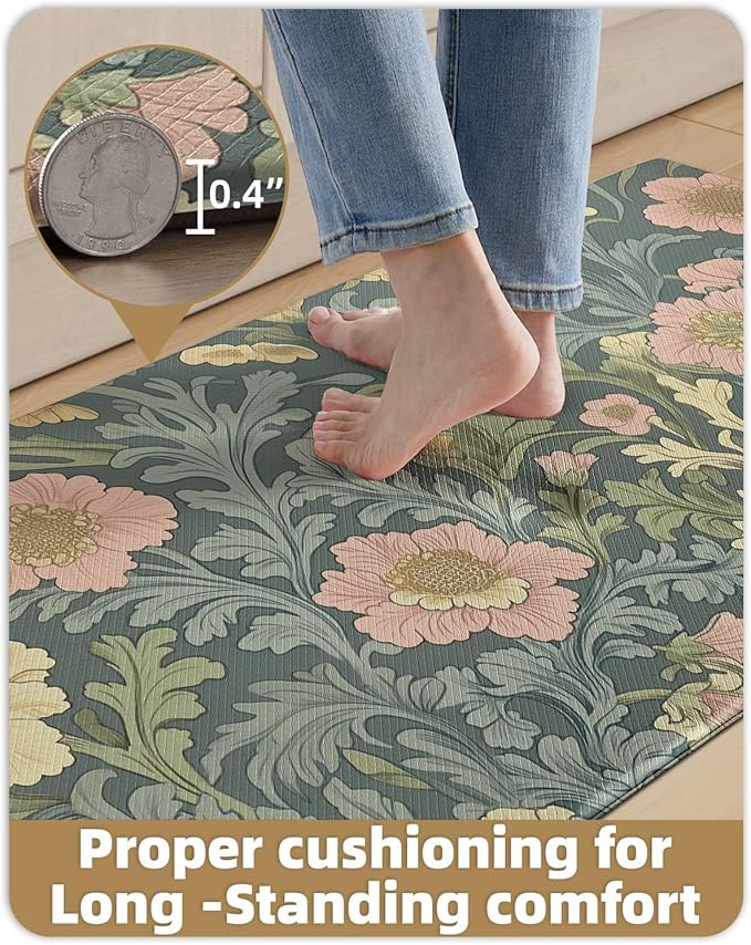 Color&Geometry Floral Kitchen Mat 24"x87", Anti Fatigue Kitchen Mats for Floor, Kitchen Rugs Non Slip, Waterproof & Oil Proof Padded Runner for Standing Desk Office, Sink - Dusty Blue
