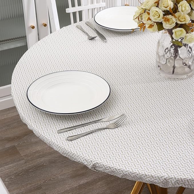 Walrus Round Vinyl Fitted Tablecloth with Flannel Backing Elastic Edge Design Table Cover Waterproof Oil-Proof PVC Table Cloth Stain-Resistant Best for 57"-66" Round