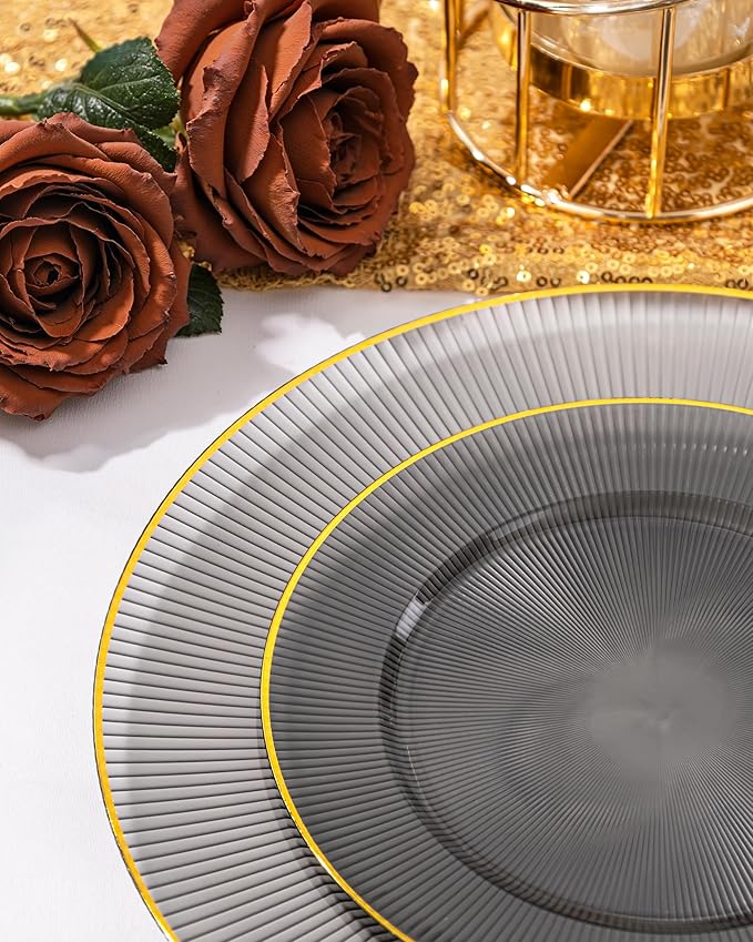 Hioasis 60pcs Black and Gold Plastic Plates - Black Disposable Dinnerware Set, 30pcs Dinner 10.25in & 30pcs Dessert 7.5in Plates with Striped Designs for Party & Wedding