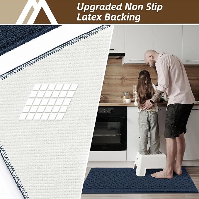 COSY HOMEER 48x20Inch/30X20Inch Kitchen Rugs Sets Non-Slip Washable Kitchen Mats for Floor Polypropylene Absorbent Kitchen Runner for Kitchen Sink Hallway Entryway,Navy Blue