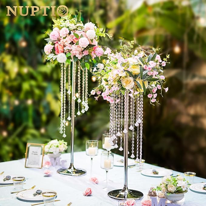 Nuptio 2 Pcs 35.4inch Tall Wedding Centerpieces Silver Vases Crystal Flower Vase Metal Flowers Stand for Party Tables Decorations - Elegant Bulk Weddings Decoration Table Chandelier Centerpiece stands