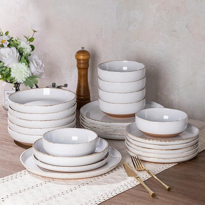 AmorArc Ceramic Dinnerware Sets for 4, 12 Pieces Handpainted Plates and Bowls Set with Rustic Terracotta Underside, Scratch Resistant Stoneware Dishes Set, Dishwasher & Microwave Safe, White