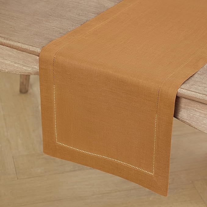 Solino Home Linen Table Runner 60 Inches - 100% Pure Linen Brown Sugar Hemstitch Table Runner 14 x 60 Inch Ideal for Dresser and Coffee Tables - Classic Hemstitch