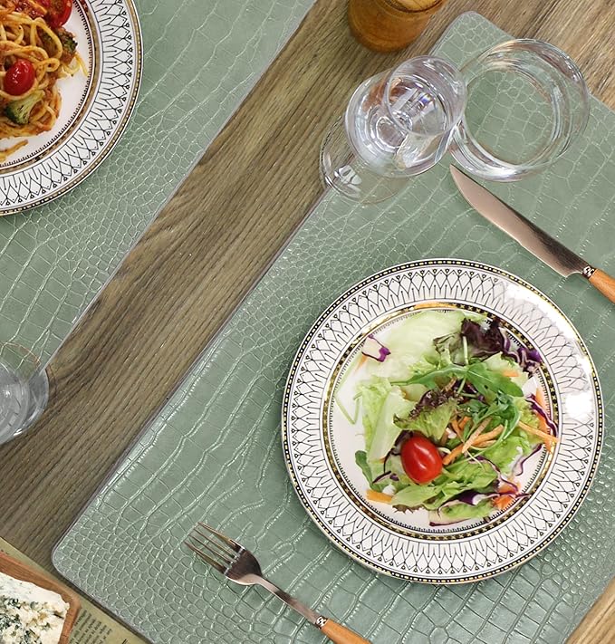 Jovono Faux Leather Placemats Set of 8, Waterproof Heat Resistant Dinner Place Mats for Dining Table, Non-Slip Crocodile Embossed, Green (17.8x11.8 Inch)