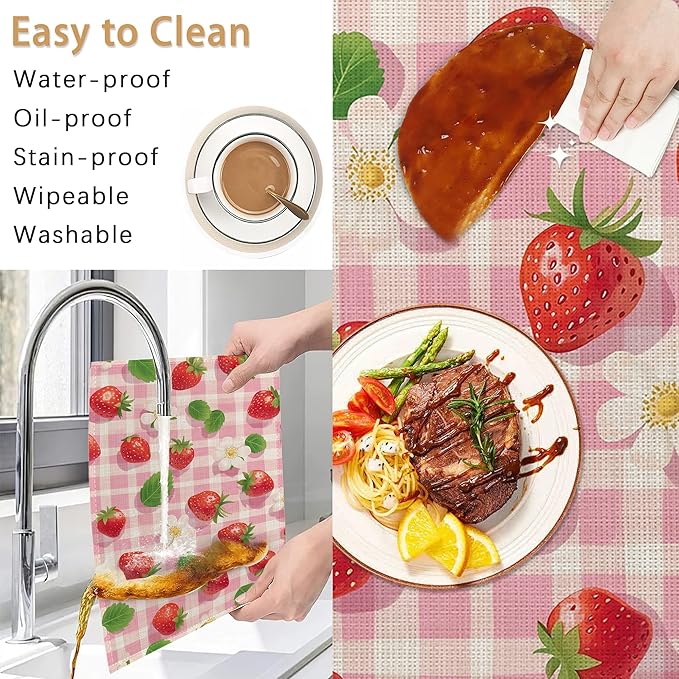 Placemats12x18 Inch,Pink Plaid Placemats,Strawberries Kitchen Dining Coffee Table Mats Set of 6 for Home Indoor Outdoor Party