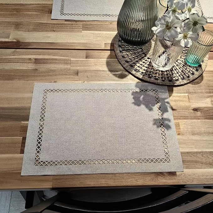 Placemats Set of 6 for Dining Table with Hollow Edge Design- Table Mats 12x 18 Inch, Cloth Place mats Machine Washable (Beige 6pcs)