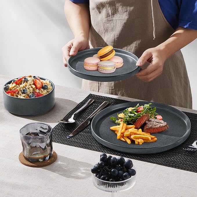 E-far 16-Piece Plates and Bowls Sets - Stoneware Dinnerware Sets with Pasta Bowls for 4 | Microwave & Dishwasher Safe Kitchen Modern Dish Set, Deep Gray