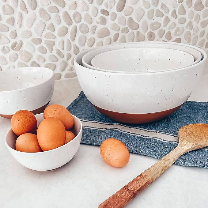 Mora Ceramic Large Mixing Bowls - Set of 2 Nesting Bowls for Cooking, Serving, Popcorn, Salad etc - Microwavable Kitchen Stoneware, Oven, Microwave and Dishwasher Safe - Extra Big 2.5 & 1.6 Qt - White