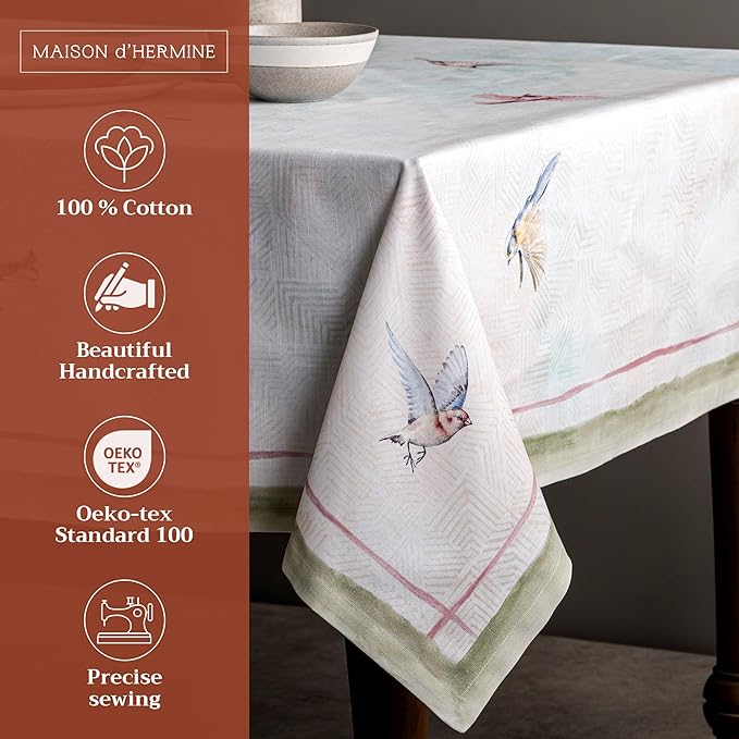 Maison d' Hermine Table Cloth Rectangle Table 100% Cotton 60 x 108 Inches Tablecloth Reusable Decorative for Dining Room Farmhouse Home Valentines Day Decorations Spring Summer - Flying Birds