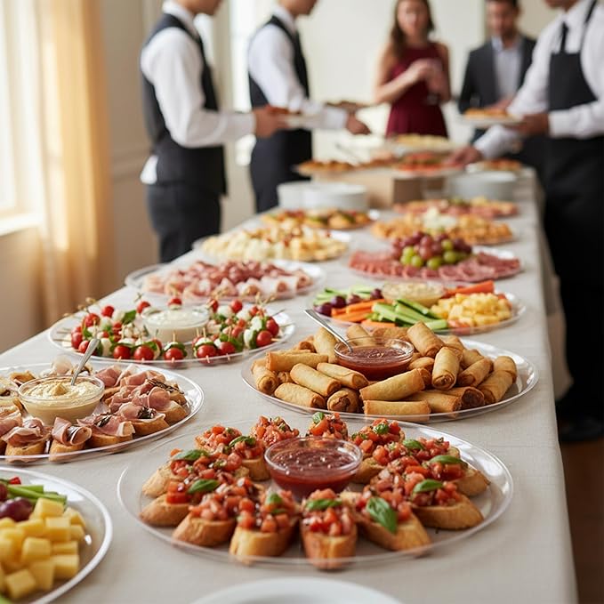 Smarty Had A Party 18 Inch Clear Round Plastic Serving Tray – Elegant Large Plastic Serving Trays for Parties, Catering & Buffets, Heavy-Duty Disposable Party Platters – Set of 25