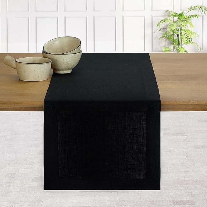 D'Moksha Homes Linen Black Table Runner 132 Inches Long - 100% Pure Linen Extra Long Table Runner 14 x 132 Inch for Spring, Easter - Machine Washable