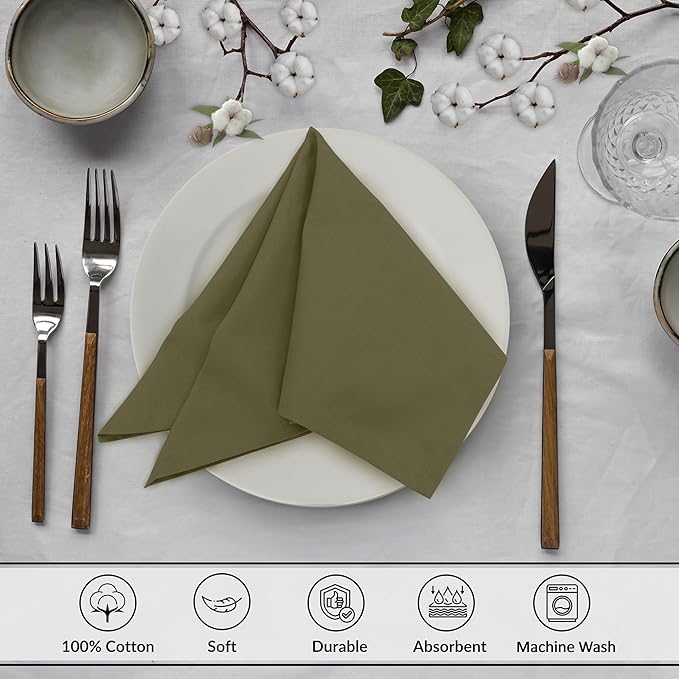 Ruvanti Cloth Napkins Set of 12, 18x18 Inches, 100% Cotton, Washable, Soft & Absorbent, Perfect for Wedding, Christmas, ‎Thanksgiving Dinners - Capulet Olive