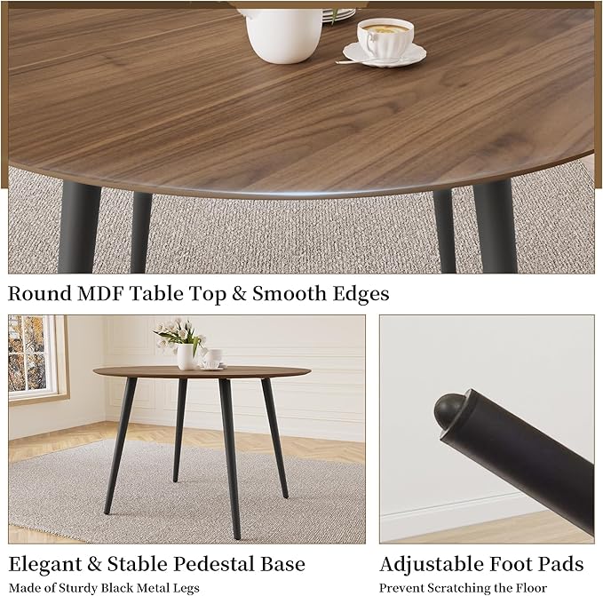 43.3 Inch Round Dining Table Set for 4, Modern Small Kitchen Coffee Set for Dining Room Kitchen Apartment (Walnut Table + 4 Grey Chairs)