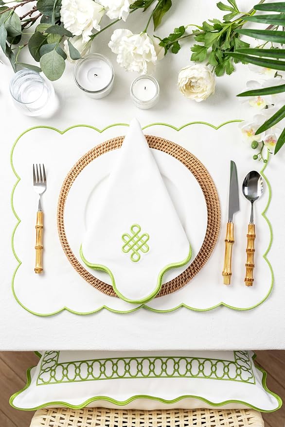 Hofdeco Premium Coastal Patio Indoor Outdoor Placemat Set of 4, 14"x19" Double-Layered, Waterproof Cloth Placemat for Kitchen or Dining Table. Green Embroidered Solid A