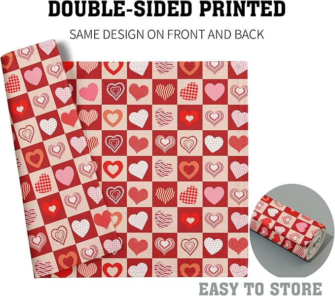 Valentines Day Table Mats - Red Heart Placemats Set of 4 Pink Love Place Mat 12x18 for Dining Kitchen Farmhouse