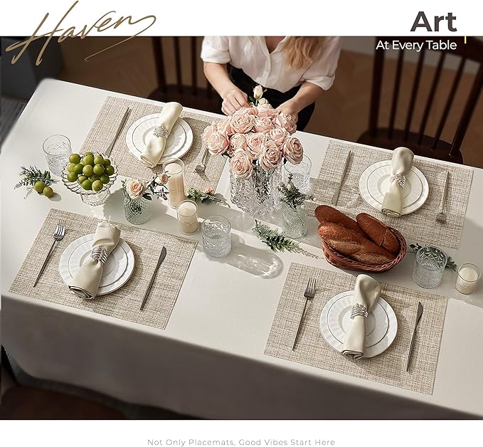 Leetaltree Luxury Beige and Gold Woven Placemats Set of 6 - Waterproof Washable Textured Table Mats for Wedding, Anniversary, Daily Use - Sparkling Metallic Thread Table Decor - Hand-Cut
