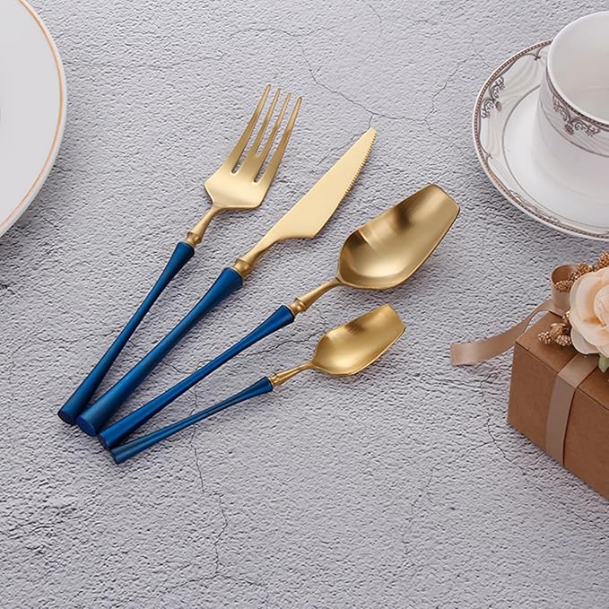 24 Piece Gold Silverware Set for 6 Durable 18/8 Stainless Steel Flatware Set Slim Waist Blue Handles Cutlery Set Include Spoons Knifes Forks Kitchen Wedding Restaurant ZILNEHZ