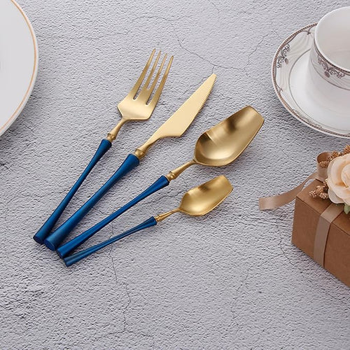 24 Piece Gold Silverware Set for 6 Durable 18/8 Stainless Steel Flatware Set Slim Waist Blue Handles Cutlery Set Include Spoons Knifes Forks Kitchen Wedding Restaurant ZILNEHZ