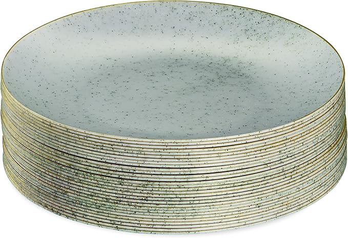 PLASTICPRO 30 Pack Disposable Plastic Plates Heavyweight Granite Look Elegant 10 inch Dinner Plates Green with Gold Rim