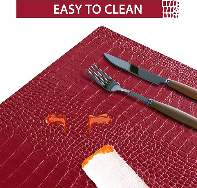 Jovono Faux Leather Placemats Set of 4, Waterproof Heat Resistant Dinner Place Mats for Dining Table, Non-Slip Crocodile Embossed, Red (17.8x11.8 Inch)